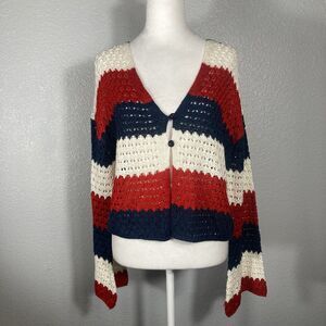 33 Degrees Open Knit Crochet Cardigan M Red White Blue Stripes America Patriotic